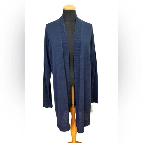 NWT Charter Club Cardigan 1X-14-16W Blue Intrepid 100% Linen Longline Open Front - Picture 2 of 10